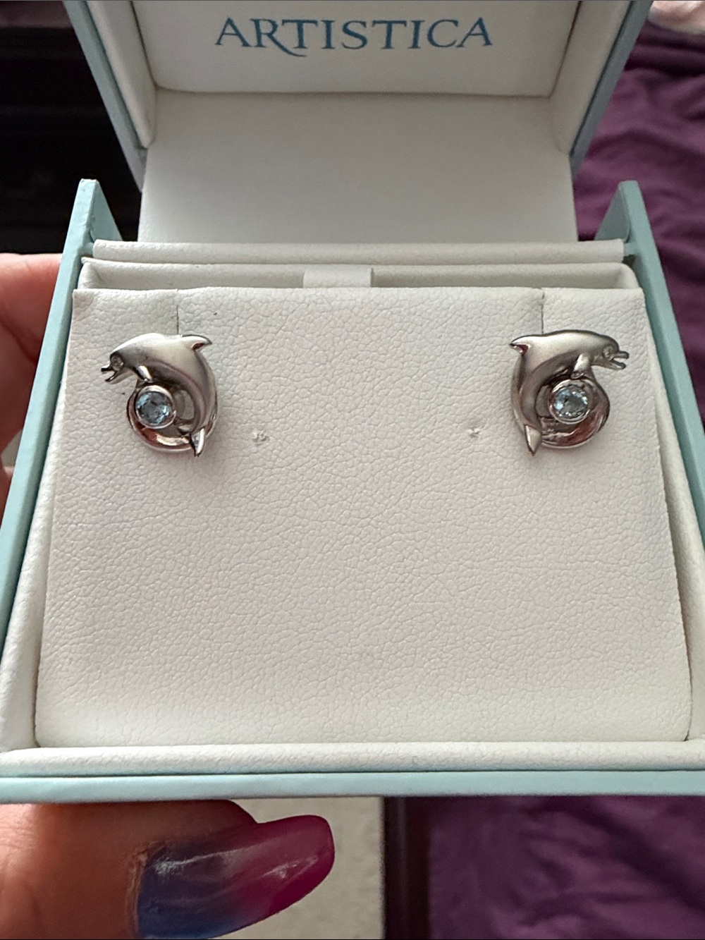 Silver Dolphin Stud Earrings with Blue Topaz